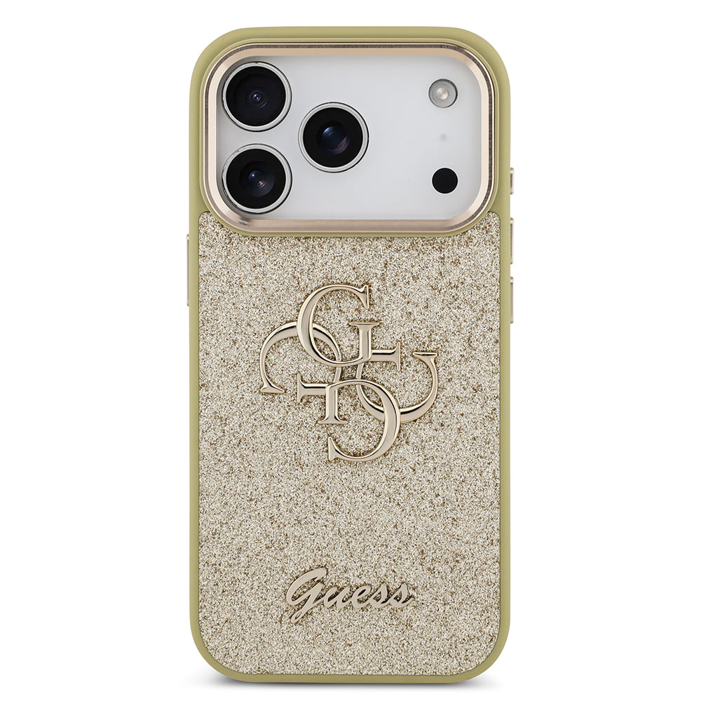 Apple iPhone 17 Pro Case Guess Original Licensed 4G Large Metal Camera Frame and Logo Glitter Cover Gold