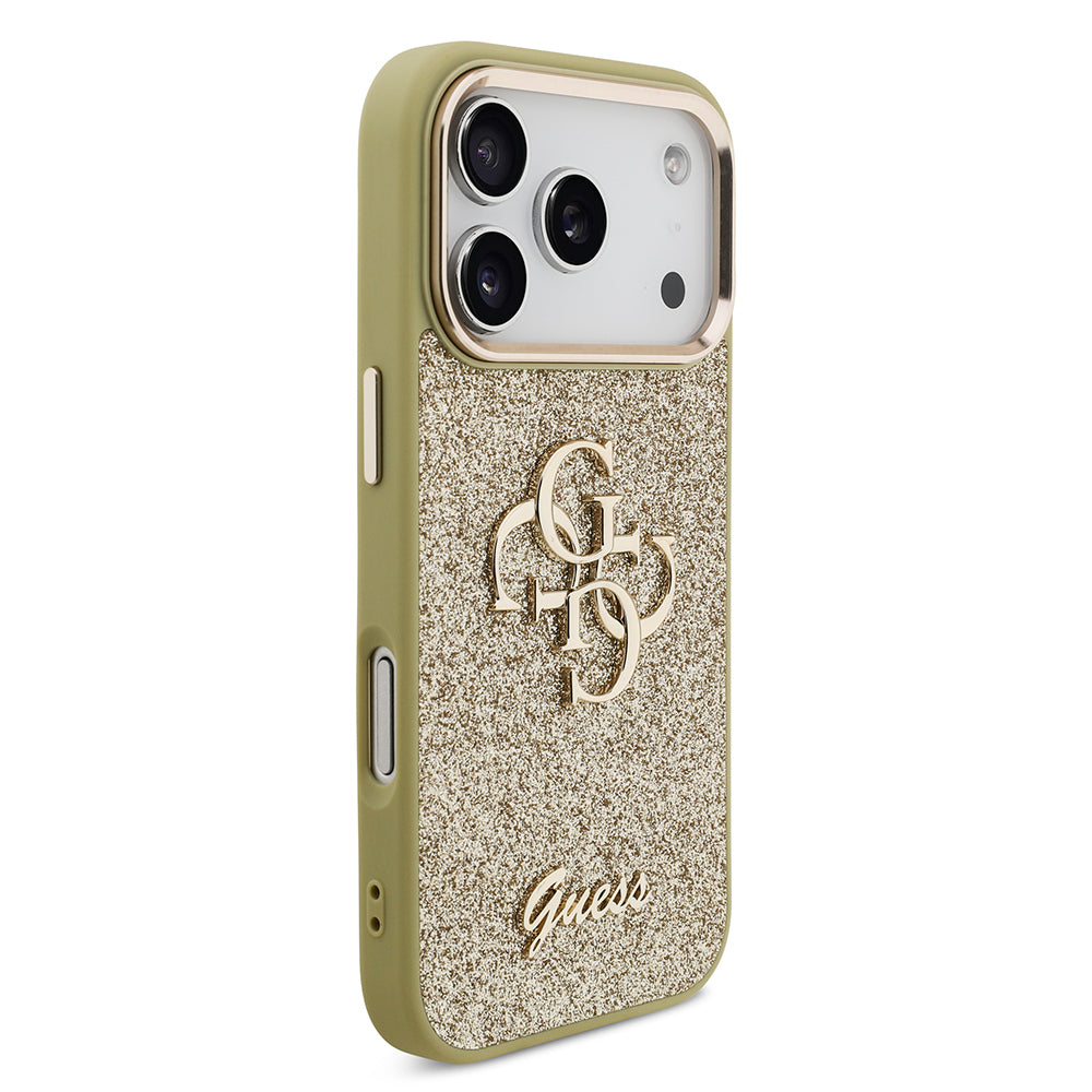 Apple iPhone 17 Pro Case Guess Original Licensed 4G Large Metal Camera Frame and Logo Glitter Cover Black