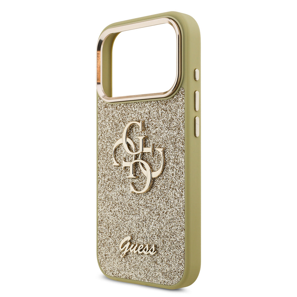 Apple iPhone 17 Pro Case Guess Original Licensed 4G Large Metal Camera Frame and Logo Glitter Cover Gold