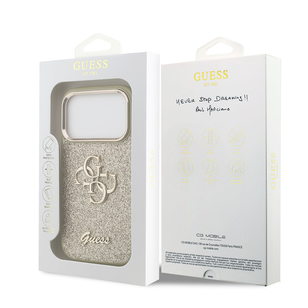 Apple iPhone 17 Pro Case Guess Original Licensed 4G Large Metal Camera Frame and Logo Glitter Cover Gold