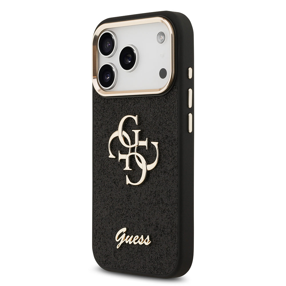 Apple iPhone 17 Pro Case Guess Original Licensed 4G Large Metal Camera Frame and Logo Glitter Cover Black