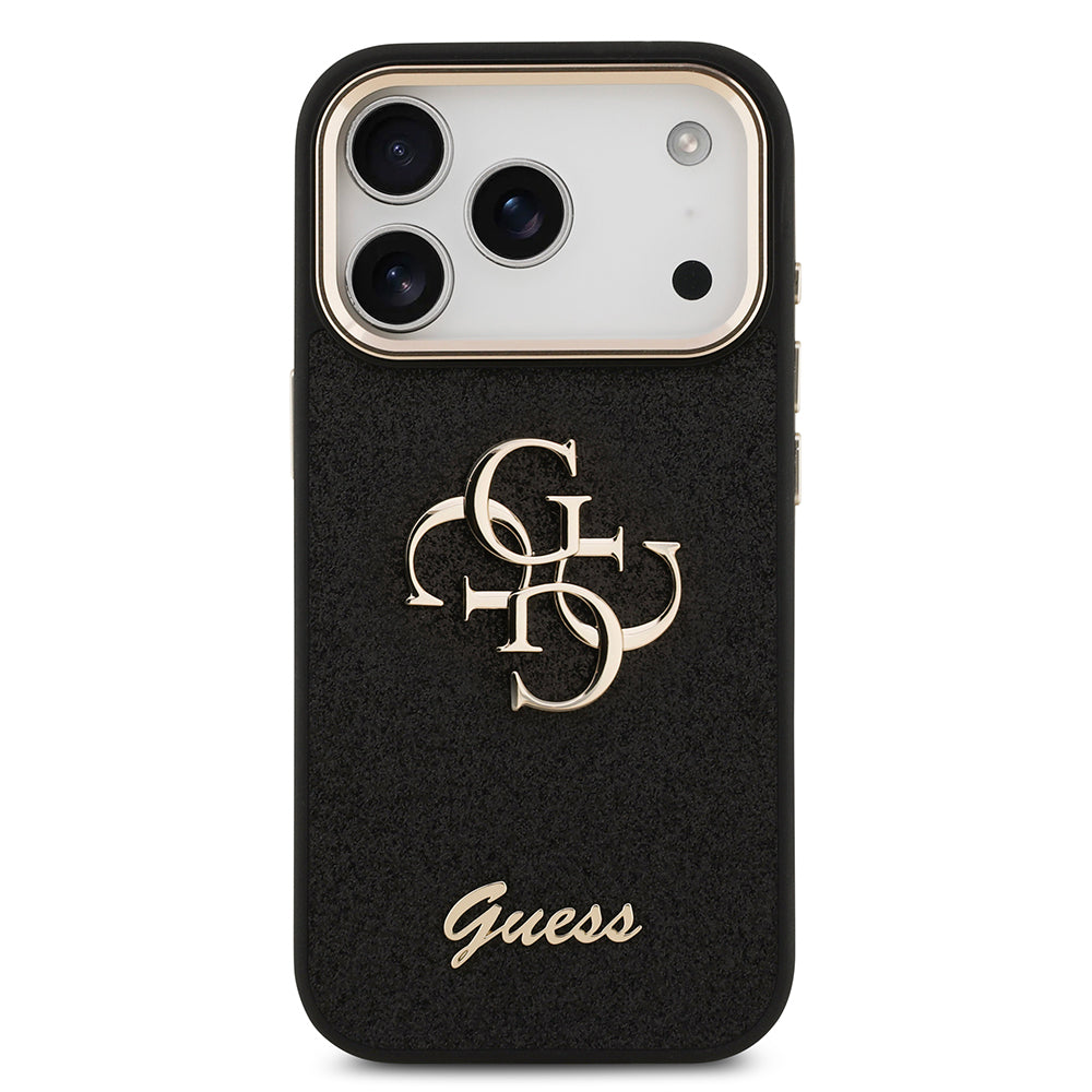 Apple iPhone 17 Pro Case Guess Original Licensed 4G Large Metal Camera Frame and Logo Glitter Cover Black