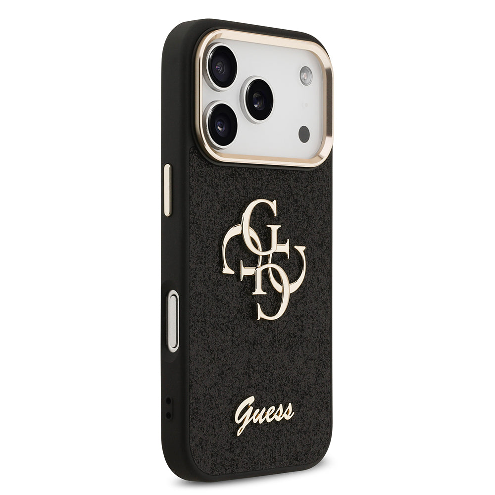Apple iPhone 17 Pro Case Guess Original Licensed 4G Large Metal Camera Frame and Logo Glitter Cover Black