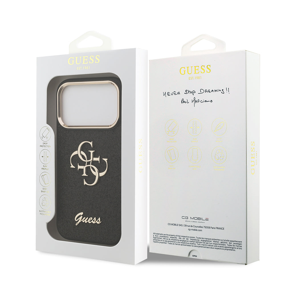 Apple iPhone 17 Pro Case Guess Original Licensed 4G Large Metal Camera Frame and Logo Glitter Cover Gold