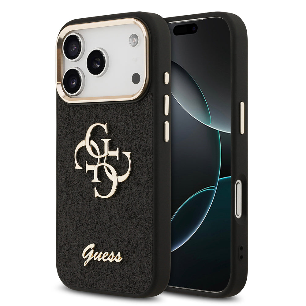 Apple iPhone 17 Pro Case Guess Original Licensed 4G Large Metal Camera Frame and Logo Glitter Cover Black