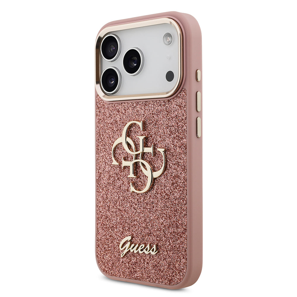 Apple iPhone 17 Pro Kılıf Guess Orjinal Lisanslı 4G Büyük Metal Kamera Çerçeveli ve Logolu Glitter Kapak Pembe