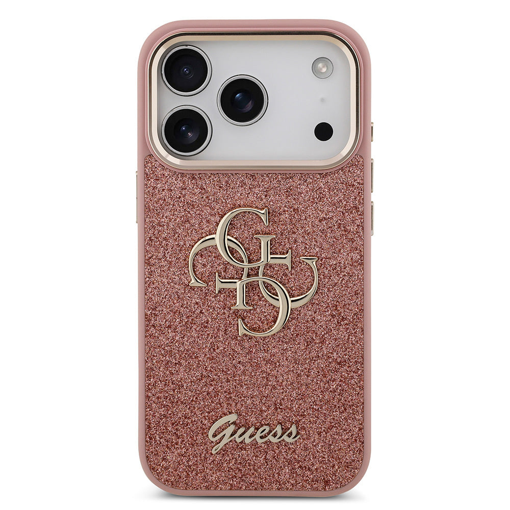 Apple iPhone 17 Pro Case Guess Original Licensed 4G Large Metal Camera Frame and Logo Glitter Cover Gold