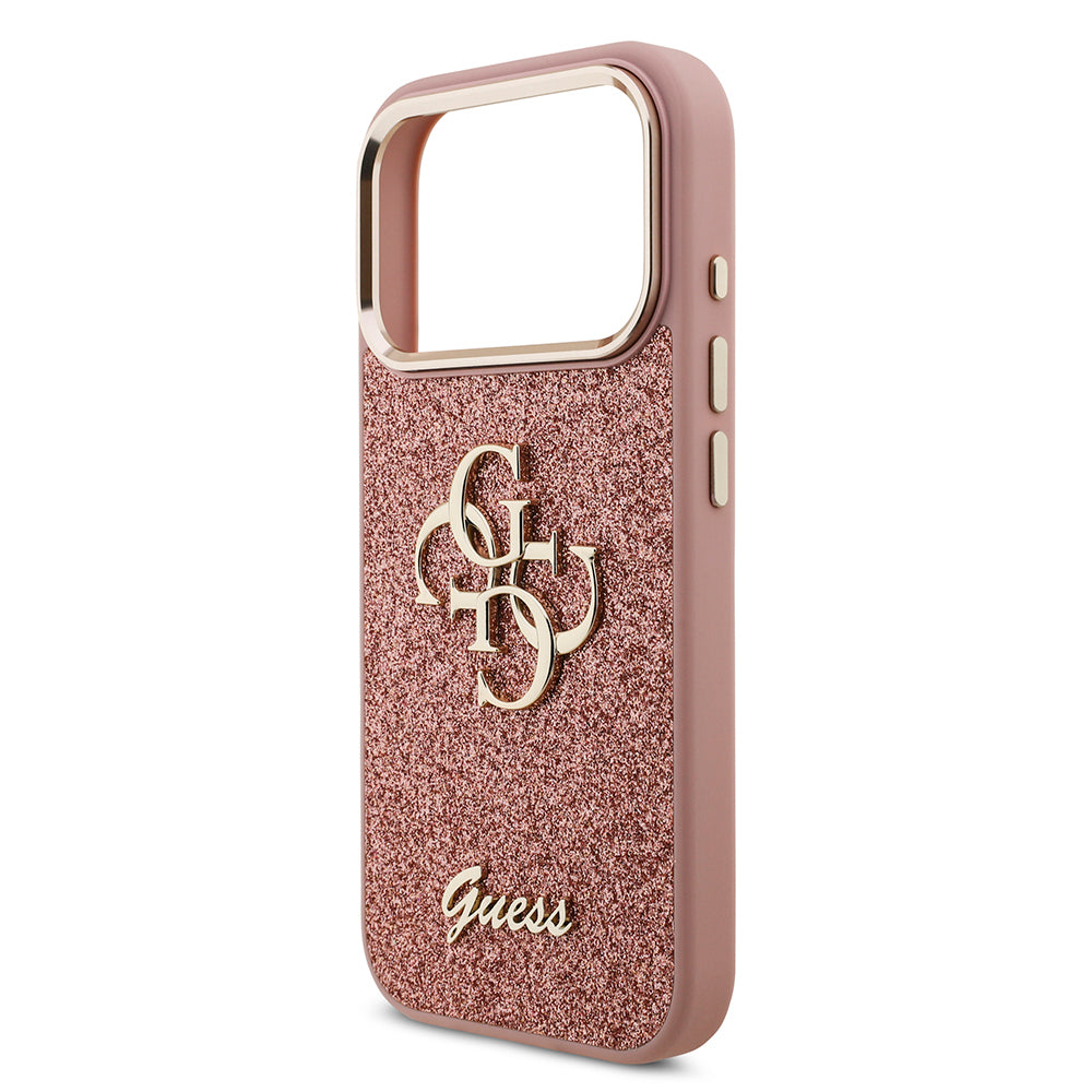 Apple iPhone 17 Pro Case Guess Original Licensed 4G Large Metal Camera Frame and Logo Glitter Cover Gold