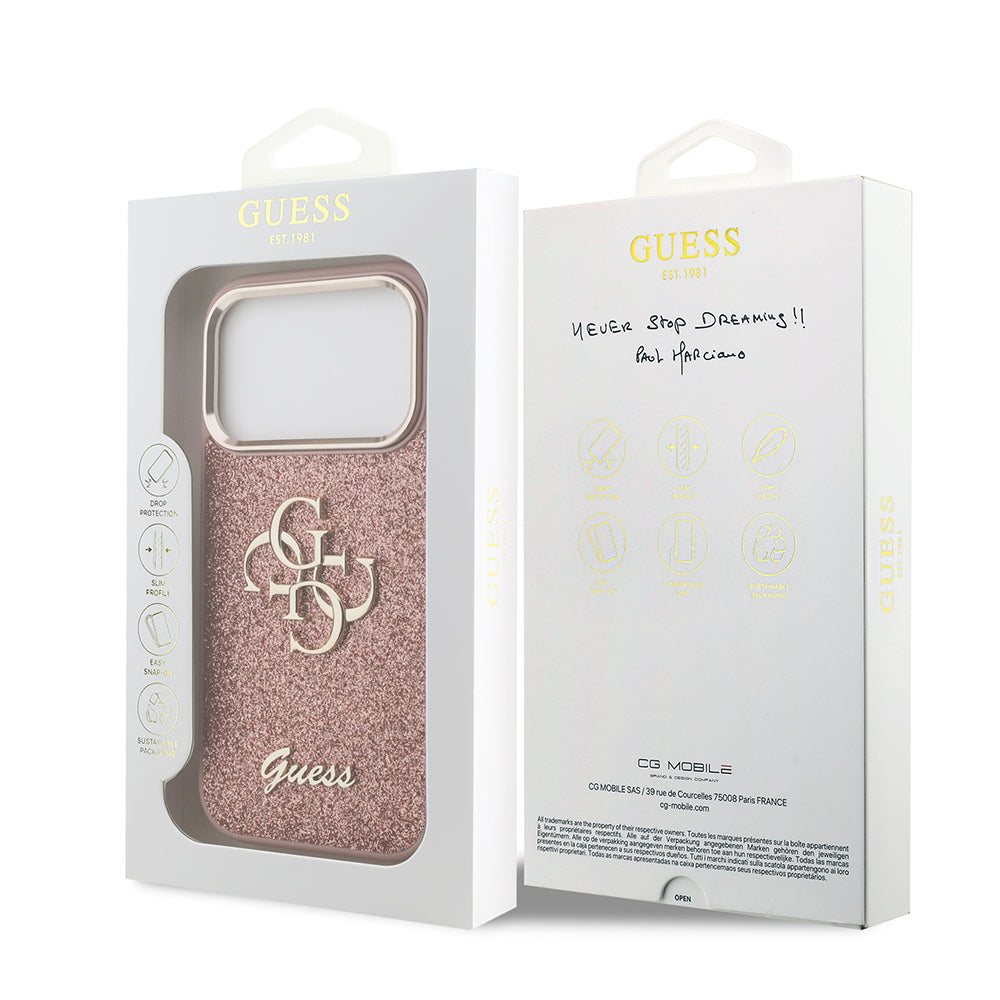 Apple iPhone 17 Pro Case Guess Original Licensed 4G Large Metal Camera Frame and Logo Glitter Cover Black