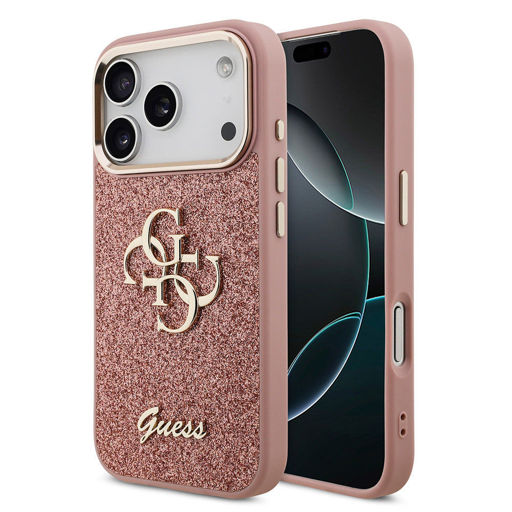 Apple iPhone 17 Pro Case Guess Original Licensed 4G Large Metal Camera Frame and Logo Glitter Cover Pink