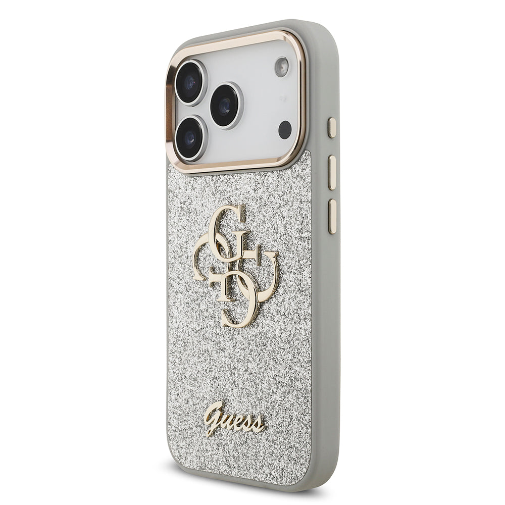 Apple iPhone 17 Pro Case Guess Original Licensed 4G Large Metal Camera Frame and Logo Glitter Cover Gold