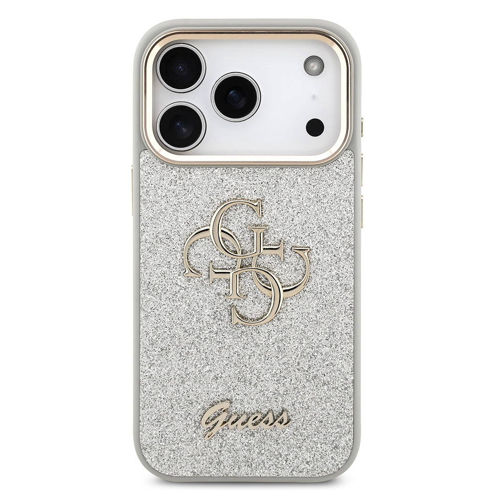 Apple iPhone 17 Pro Case Guess Original Licensed 4G Large Metal Camera Frame and Logo Glitter Cover Gold