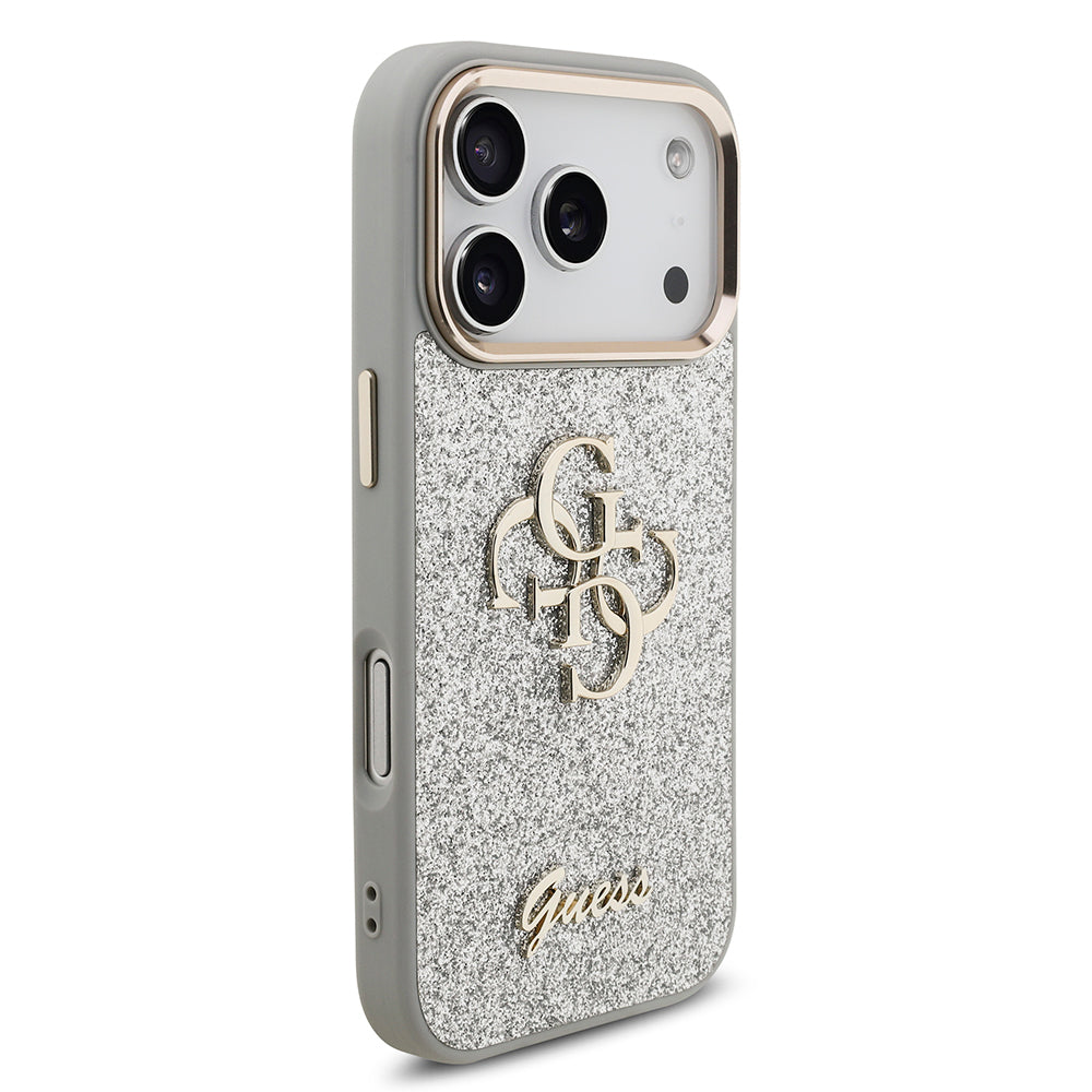 Apple iPhone 17 Pro Kılıf Guess Orjinal Lisanslı 4G Büyük Metal Kamera Çerçeveli ve Logolu Glitter Kapak Pembe