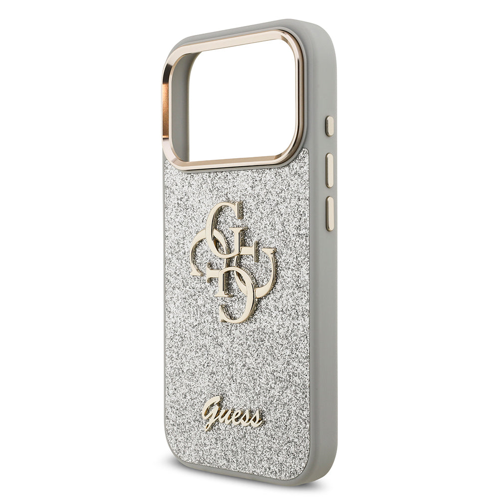 Apple iPhone 17 Pro Kılıf Guess Orjinal Lisanslı 4G Büyük Metal Kamera Çerçeveli ve Logolu Glitter Kapak Pembe