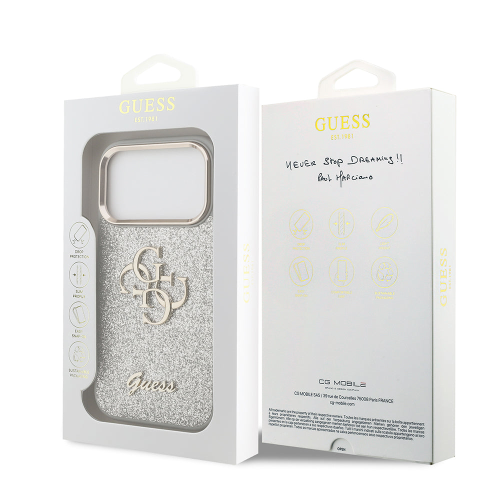 Apple iPhone 17 Pro Kılıf Guess Orjinal Lisanslı 4G Büyük Metal Kamera Çerçeveli ve Logolu Glitter Kapak Gold