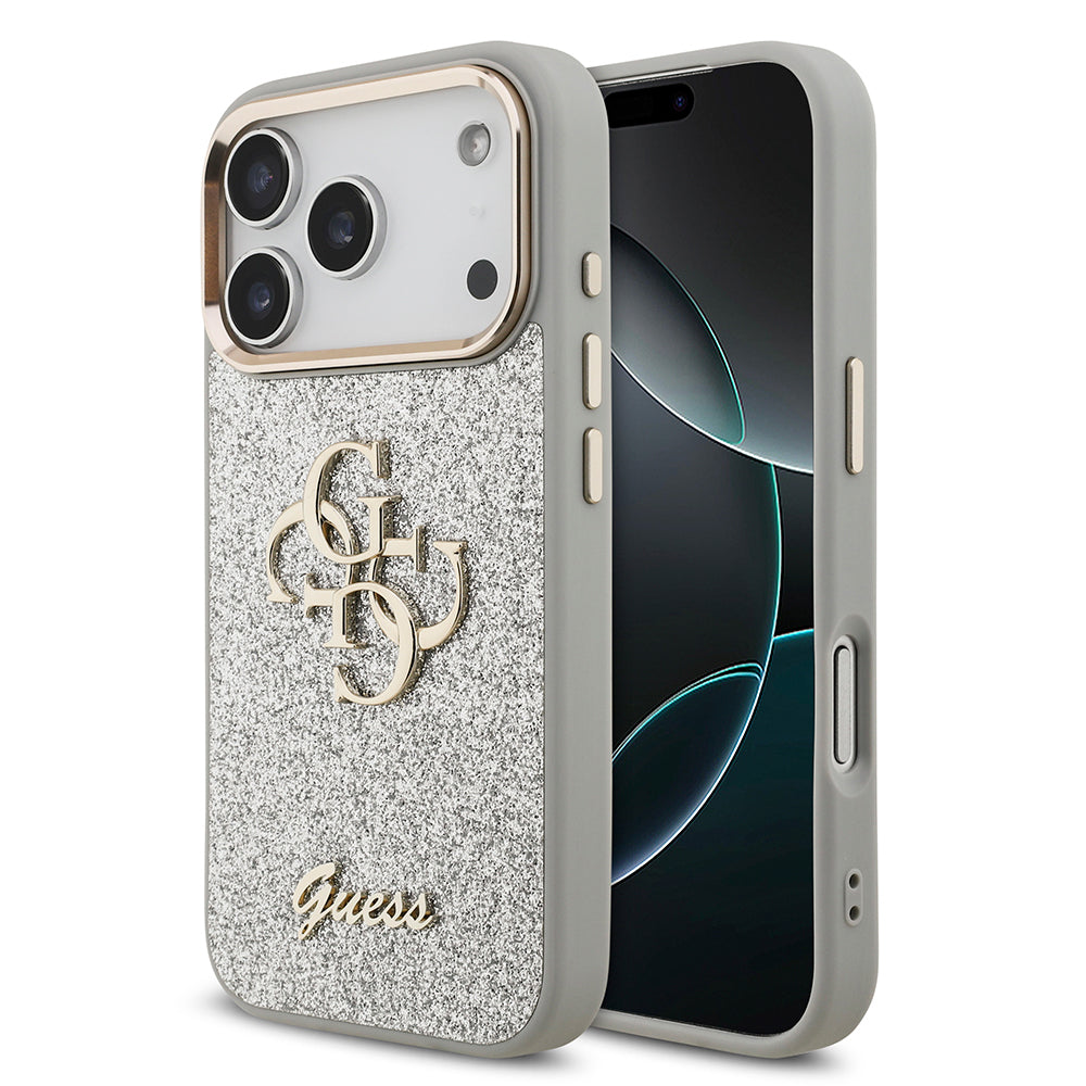 Apple iPhone 17 Pro Case Guess Original Licensed 4G Large Metal Camera Frame and Logo Glitter Cover Gray
