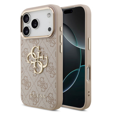 Apple iPhone 17 Pro Kılıf Guess Orjinal Lisanslı Gold Metal Kamera Çerçeveli 4G Desenli Metal Büyük 4G ve Yazı Logolu Kapak