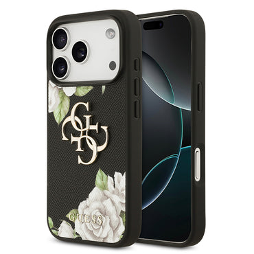 Apple iPhone 17 Pro Kılıf Guess Orjinal Lisanslı Gül Baskılı Büyük Metal Logo Dizaynlı Kapak Siyah