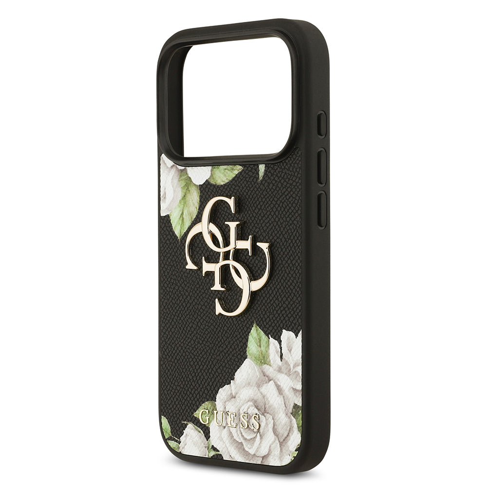 Apple iPhone 17 Pro Kılıf Guess Orjinal Lisanslı Gül Baskılı Büyük Metal Logo Dizaynlı Kapak Siyah