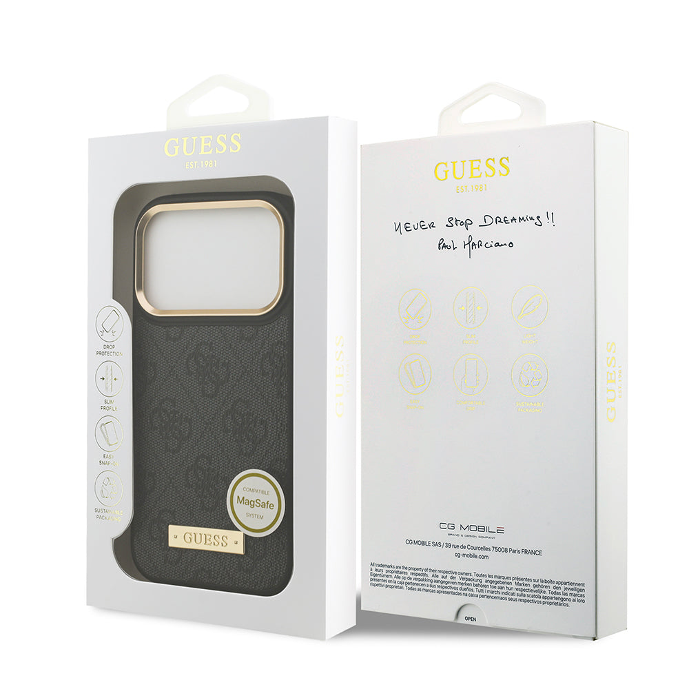 Apple iPhone 17 Pro Kılıf Guess Orjinal Lisanslı M-safe Şarj Özellikli 4G Desenli PU Metal Plaka Klasik Logolu Kapak Pembe