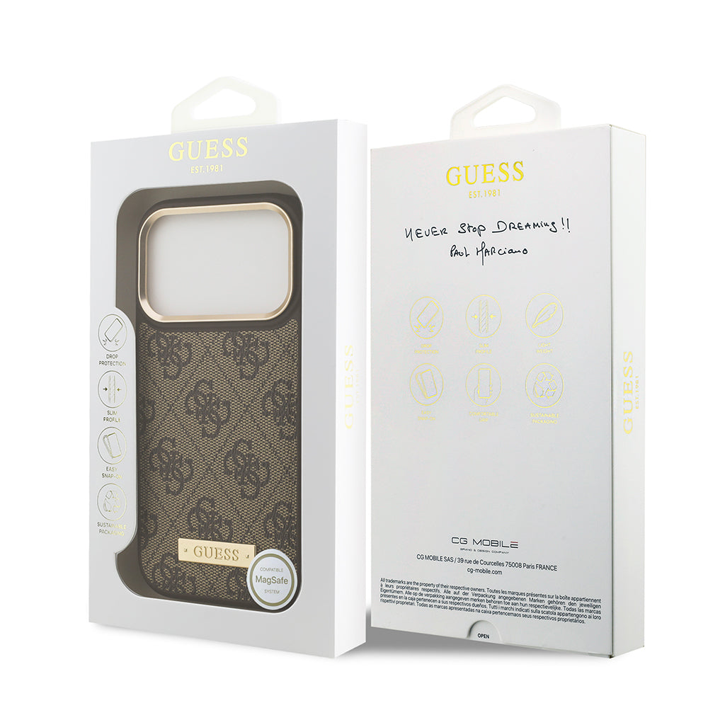 Apple iPhone 17 Pro Kılıf Guess Orjinal Lisanslı M-safe Şarj Özellikli 4G Desenli PU Metal Plaka Klasik Logolu Kapak Kahverengi