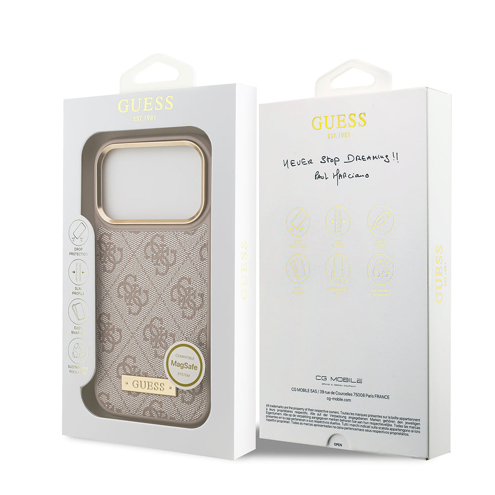 Apple iPhone 17 Pro Kılıf Guess Orjinal Lisanslı M-safe Şarj Özellikli 4G Desenli PU Metal Plaka Klasik Logolu Kapak Kahverengi