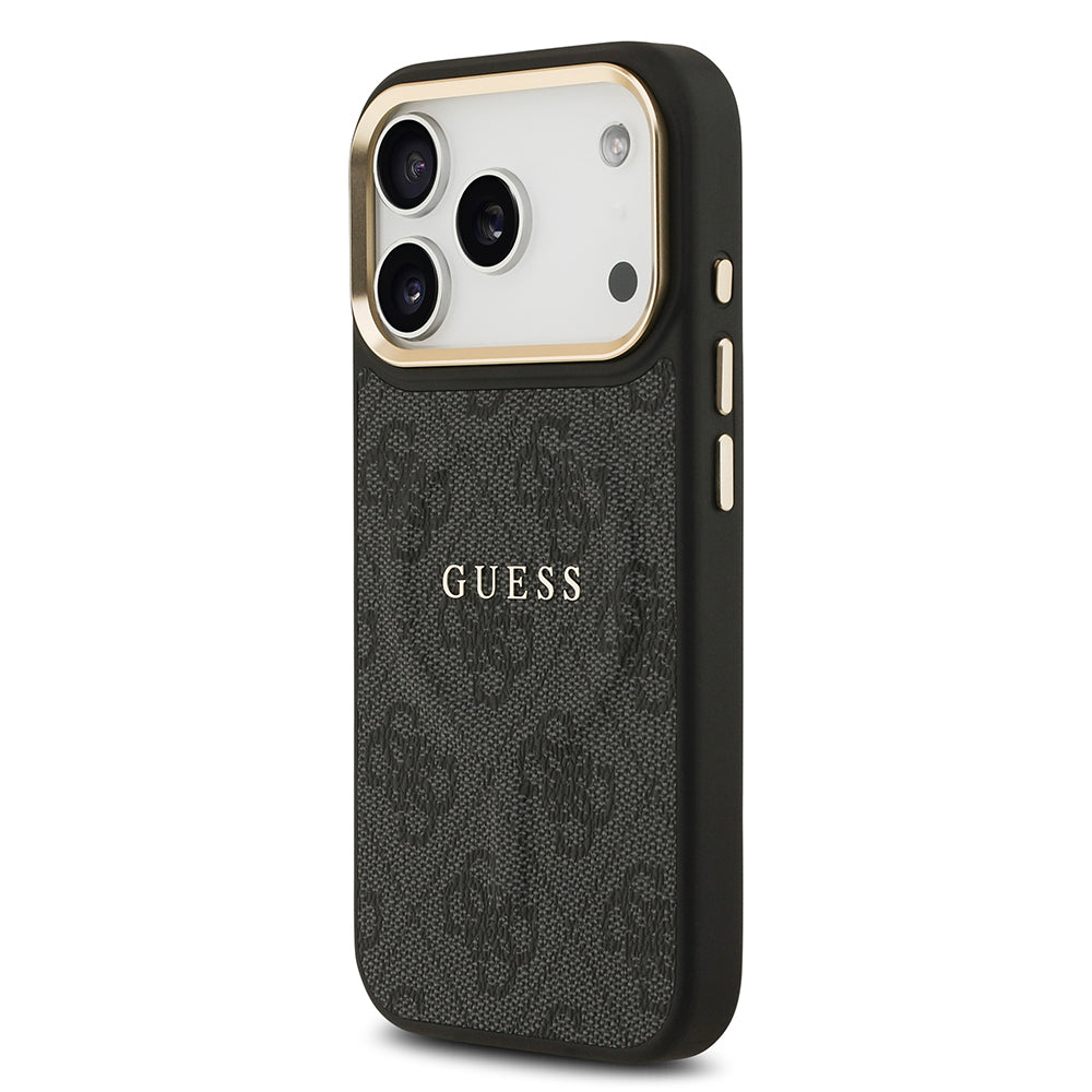 Apple iPhone 17 Pro Kılıf Guess Orjinal Lisanslı M-safe Şarj Özellikli Gold Metal Kamera Çerçeveli PU Deri 4G Desenli Yazı Logolu Kapak Siyah