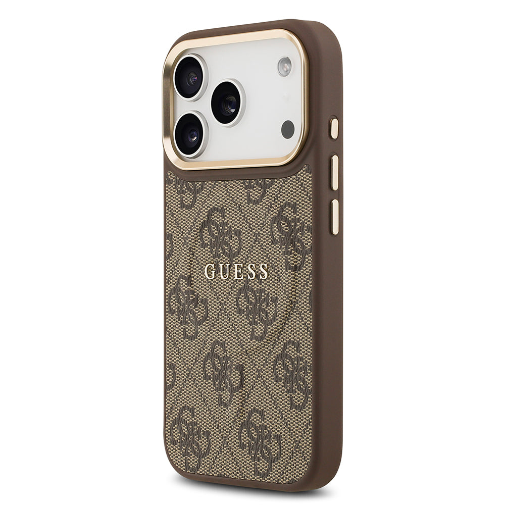 Apple iPhone 17 Pro Kılıf Guess Orjinal Lisanslı M-safe Şarj Özellikli Gold Metal Kamera Çerçeveli PU Deri 4G Desenli Yazı Logolu Kapak Siyah