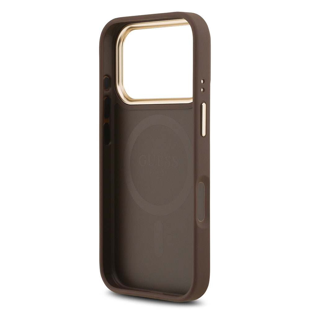 Apple iPhone 17 Pro Kılıf Guess Orjinal Lisanslı M-safe Şarj Özellikli Gold Metal Kamera Çerçeveli PU Deri 4G Desenli Yazı Logolu Kapak Siyah