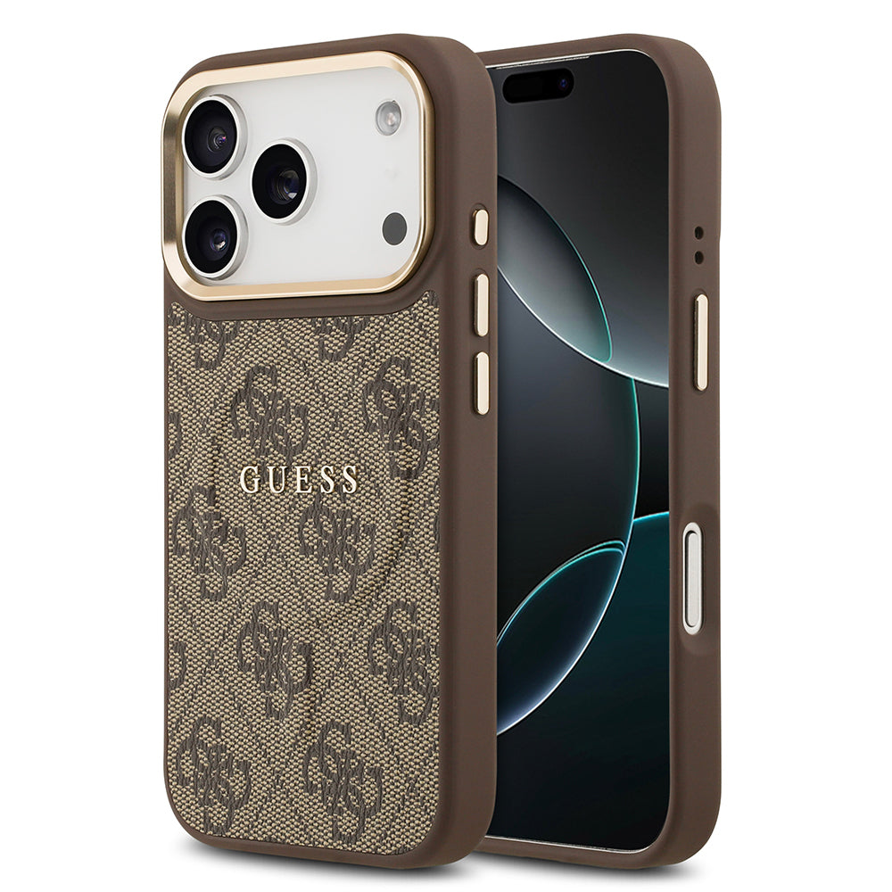 Apple iPhone 17 Pro Kılıf Guess Orjinal Lisanslı M-safe Şarj Özellikli Gold Metal Kamera Çerçeveli PU Deri 4G Desenli Yazı Logolu Kapak Siyah