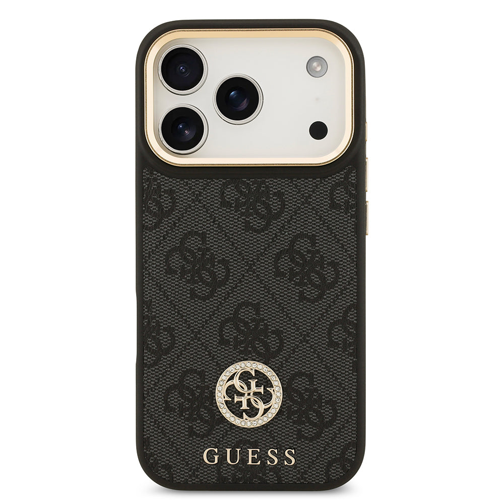 Apple iPhone 17 Pro Case Guess Original Licensed M-safe Charging Feature Gold Metal Camera Frame Stone 4G Logo Cover Black