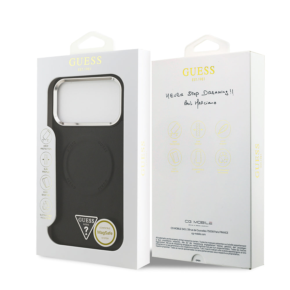 Apple iPhone 17 Pro Case Guess Original Licensed M-safe Charging Function PU Leather Metal Camera Frame Triangle Logo Cover Black