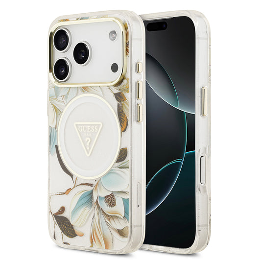 Apple iPhone 17 Pro Kılıf Guess Orjinal Lisanslı M-safe Şarj Özellikli Simli Çiçek Desenli Metal Kamera Çerçeveli Üçgen Logolu Kapak