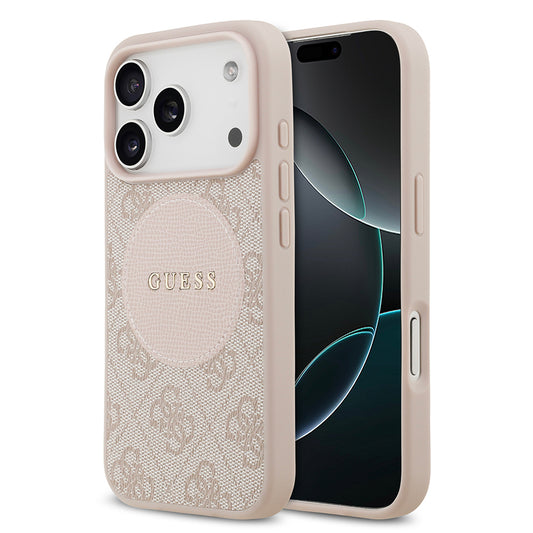 Apple iPhone 17 Pro Kılıf Guess Orjinal Lisanslı M-safe Şarj Özellikli Yazı Logolu Circle Classic Kapak  Pembe