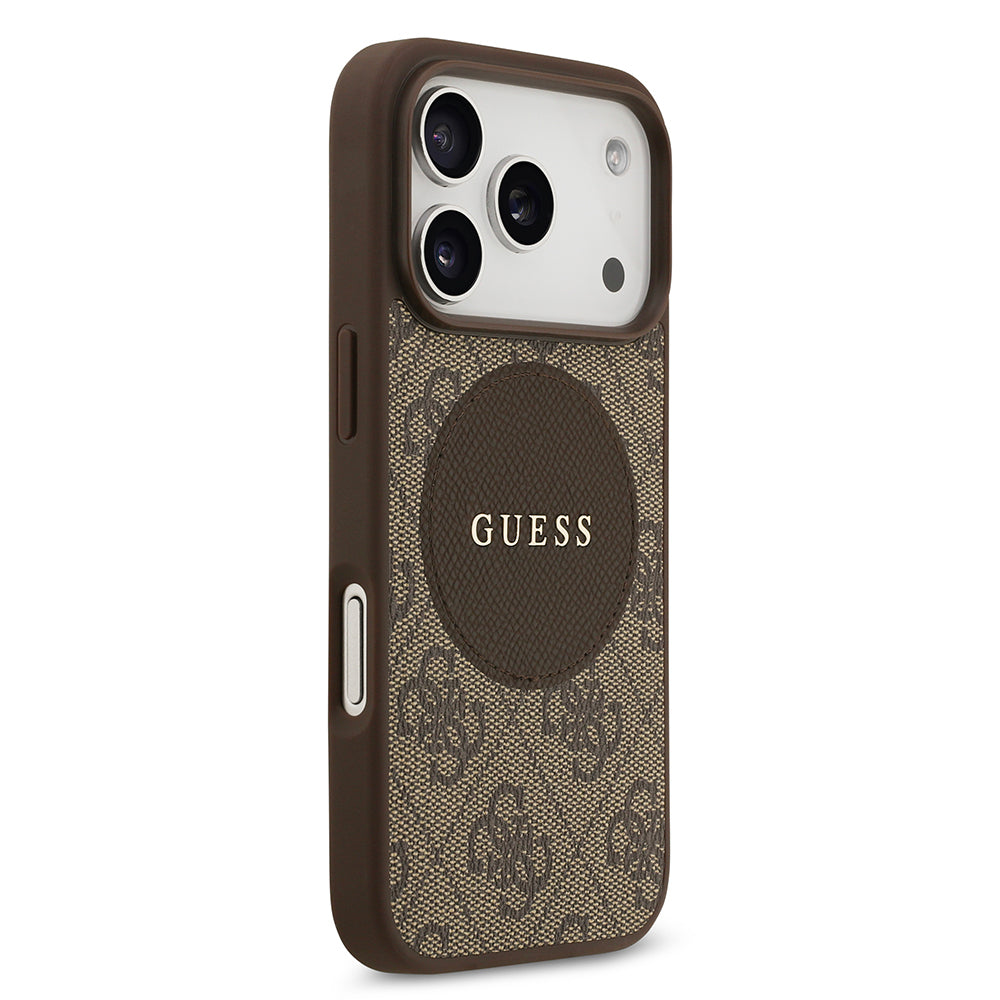 Apple iPhone 17 Pro Kılıf Guess Orjinal Lisanslı M-safe Şarj Özellikli Yazı Logolu Circle Classic Kapak  Kahverengi