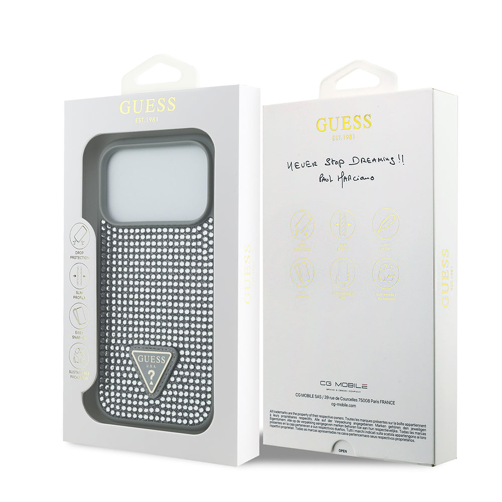 Apple iPhone 17 Pro Kılıf Guess Orjinal Lisanslı Taşlı Arka Yüzey Üçgen Logolu Kapak Siyah