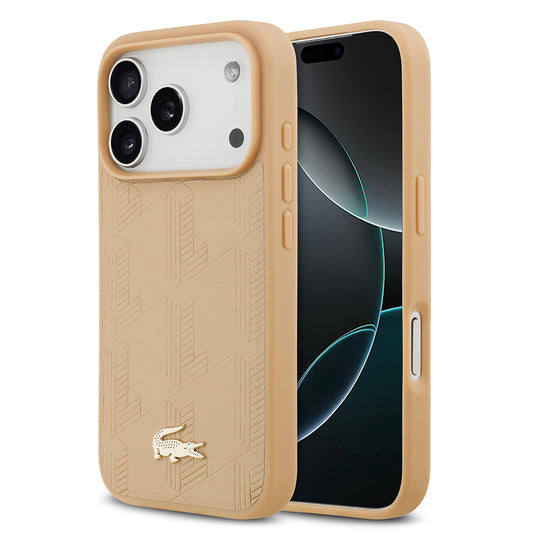 Apple iPhone 17 Pro Kılıf Lacoste Orjinal Lisanslı M-safe Şarj Özellikli PU Deri Tasarımlı Karışık Monogram Desenli Kapak
