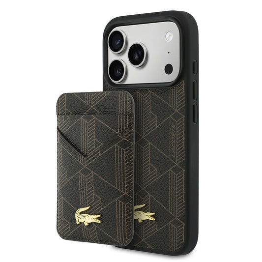 Apple iPhone 17 Pro Kılıf Lacoste Orjinal Lisanslı M-safe Şarj Özellikli PU Deri Tasarımlı Kartlıklı Karışık Monogram Desenli Kapak