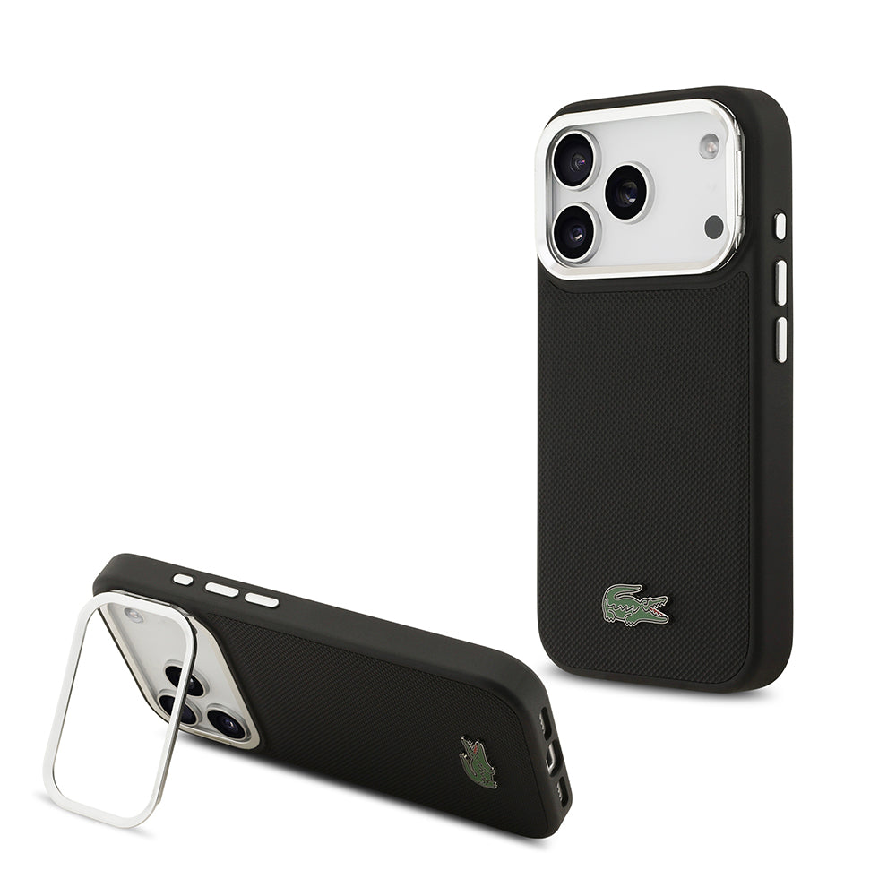 Apple iPhone 17 Pro Case Lacoste Original Licensed M-Safe Charging Feature PU Pique Pattern Stand Metal Logo Cover Black