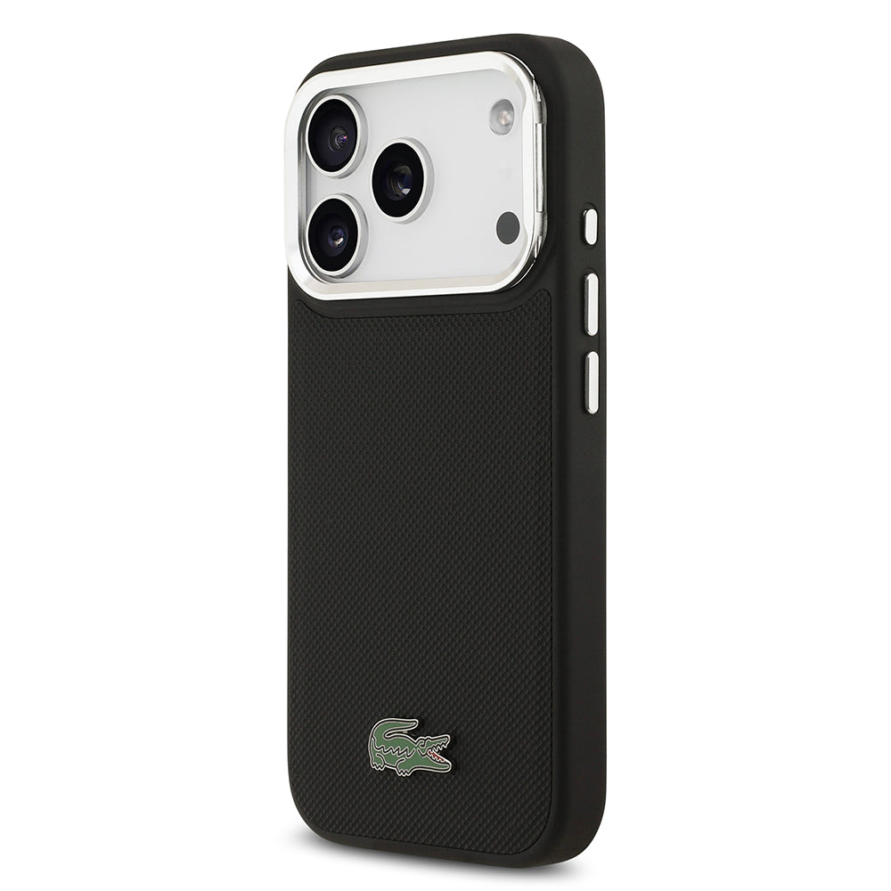 Apple iPhone 17 Pro Case Lacoste Original Licensed M-Safe Charging Feature PU Pique Pattern Stand Metal Logo Cover Black