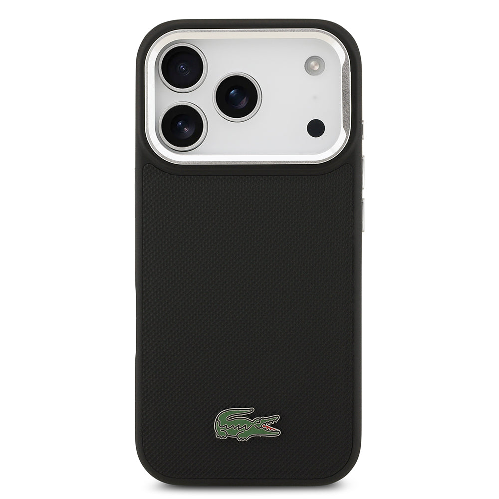 Apple iPhone 17 Pro Case Lacoste Original Licensed M-Safe Charging Feature PU Pique Pattern Stand Metal Logo Cover Black