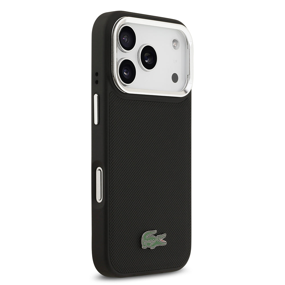 Apple iPhone 17 Pro Case Lacoste Original Licensed M-Safe Charging Feature PU Pique Pattern Stand Metal Logo Cover Black