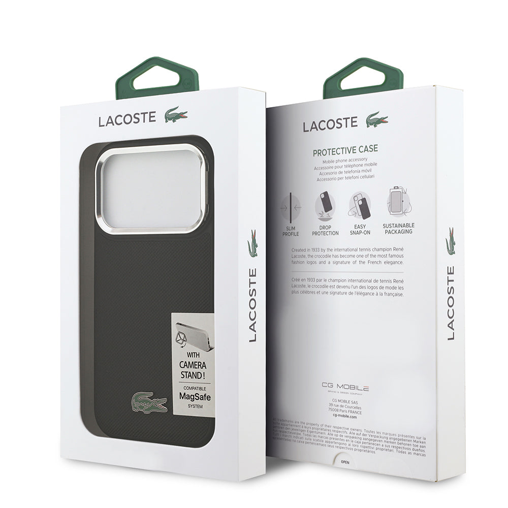 Apple iPhone 17 Pro Case Lacoste Original Licensed M-Safe Charging Feature PU Pique Pattern Stand Metal Logo Cover Black