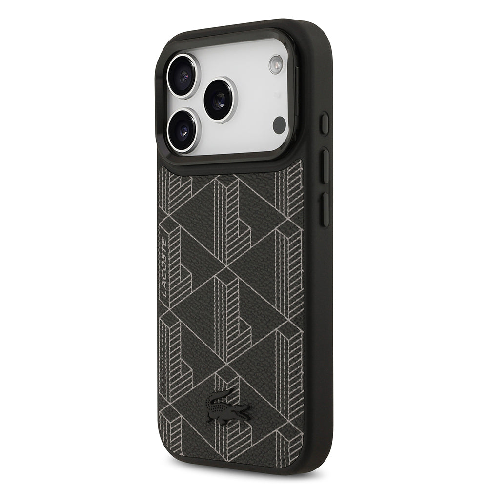 Apple iPhone 17 Pro Case Lacoste Original Licensed M-safe Charging Feature Stand PU Leather Mixed Monogram Pattern Cover Black