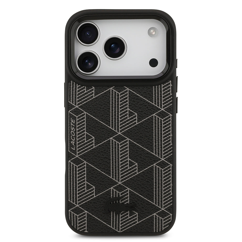 Apple iPhone 17 Pro Case Lacoste Original Licensed M-safe Charging Feature Stand PU Leather Mixed Monogram Pattern Cover Black