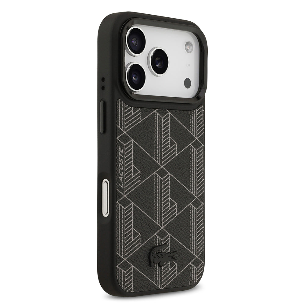 Apple iPhone 17 Pro Case Lacoste Original Licensed M-safe Charging Feature Stand PU Leather Mixed Monogram Pattern Cover Black