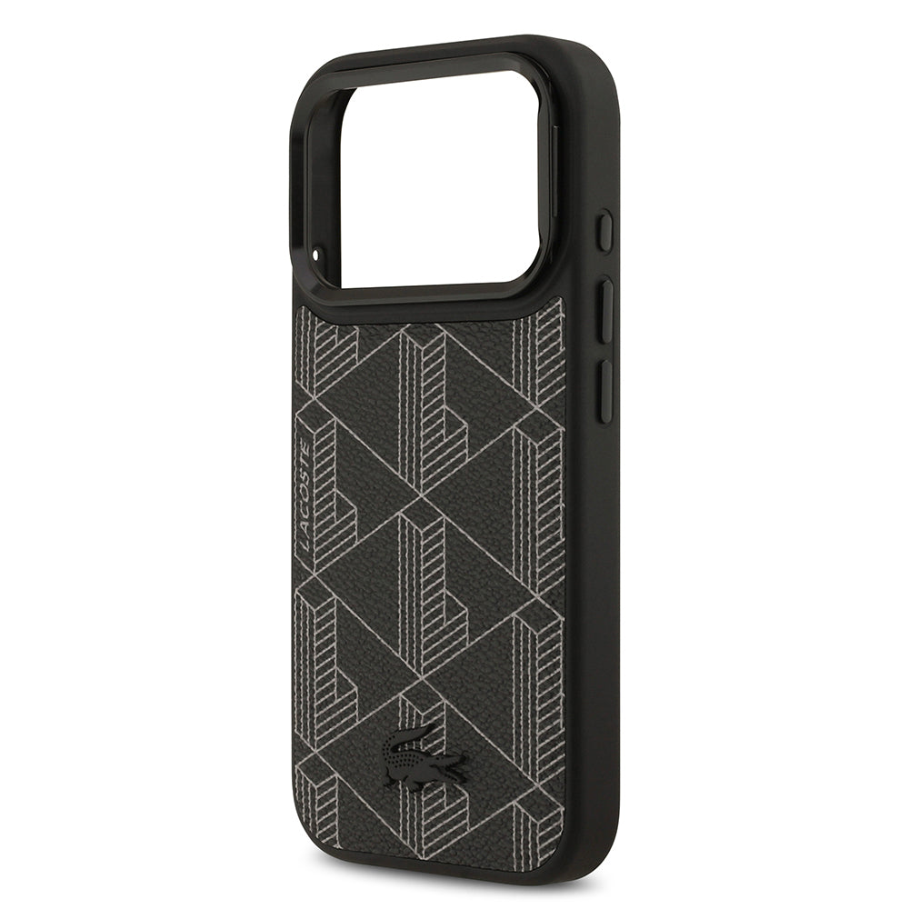 Apple iPhone 17 Pro Case Lacoste Original Licensed M-safe Charging Feature Stand PU Leather Mixed Monogram Pattern Cover Black