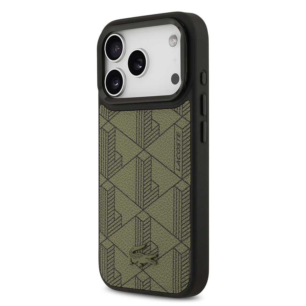 Apple iPhone 17 Pro Case Lacoste Original Licensed M-safe Charging Function Stand PU Leather Mixed Monogram Pattern Cover Green