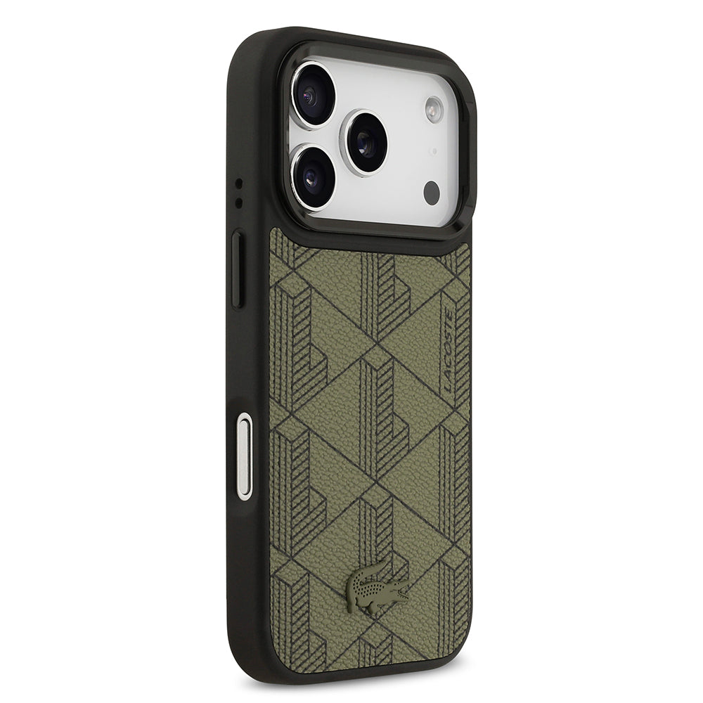 Apple iPhone 17 Pro Case Lacoste Original Licensed M-safe Charging Feature Stand PU Leather Mixed Monogram Pattern Cover Black