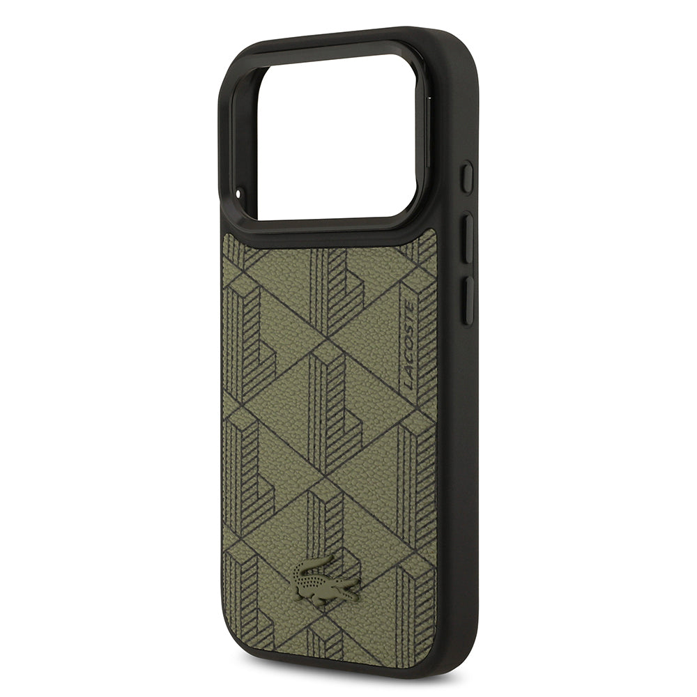 Apple iPhone 17 Pro Case Lacoste Original Licensed M-safe Charging Function Stand PU Leather Mixed Monogram Pattern Cover Green